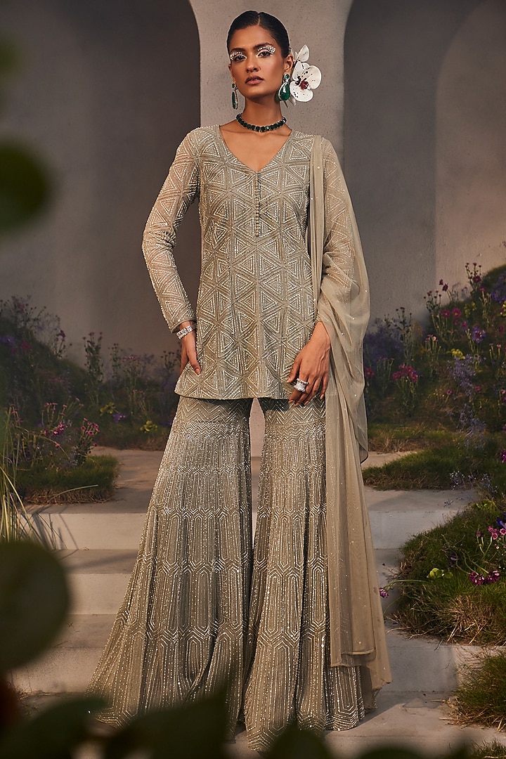 Silver Grey Net Hand Embroidered Wedding Sharara Set by Charu Vasundhara  at Pernia's Pop Up Shop