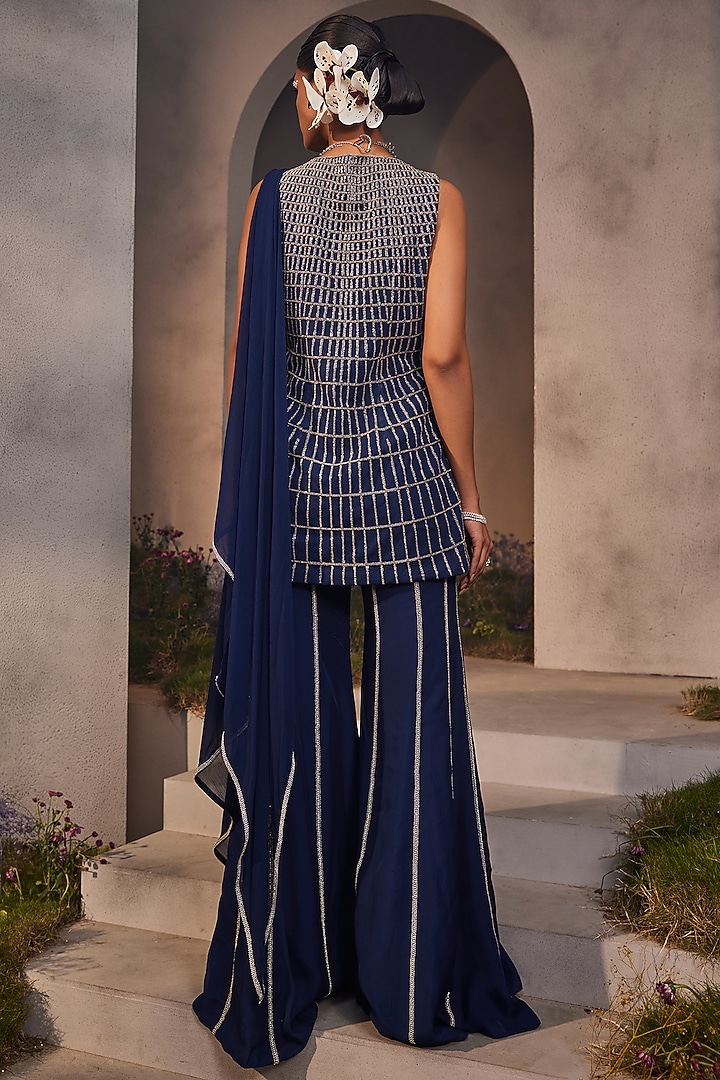 Electric Blue Organza Hand Embroidered Wedding Sharara Set by Charu & Vasundhara at Pernia's Pop Up Shop