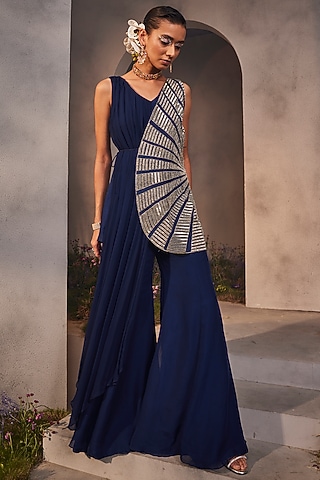 Electric Blue Silk Embroidered Overlap Jacket Set by Charu & Vasundhara