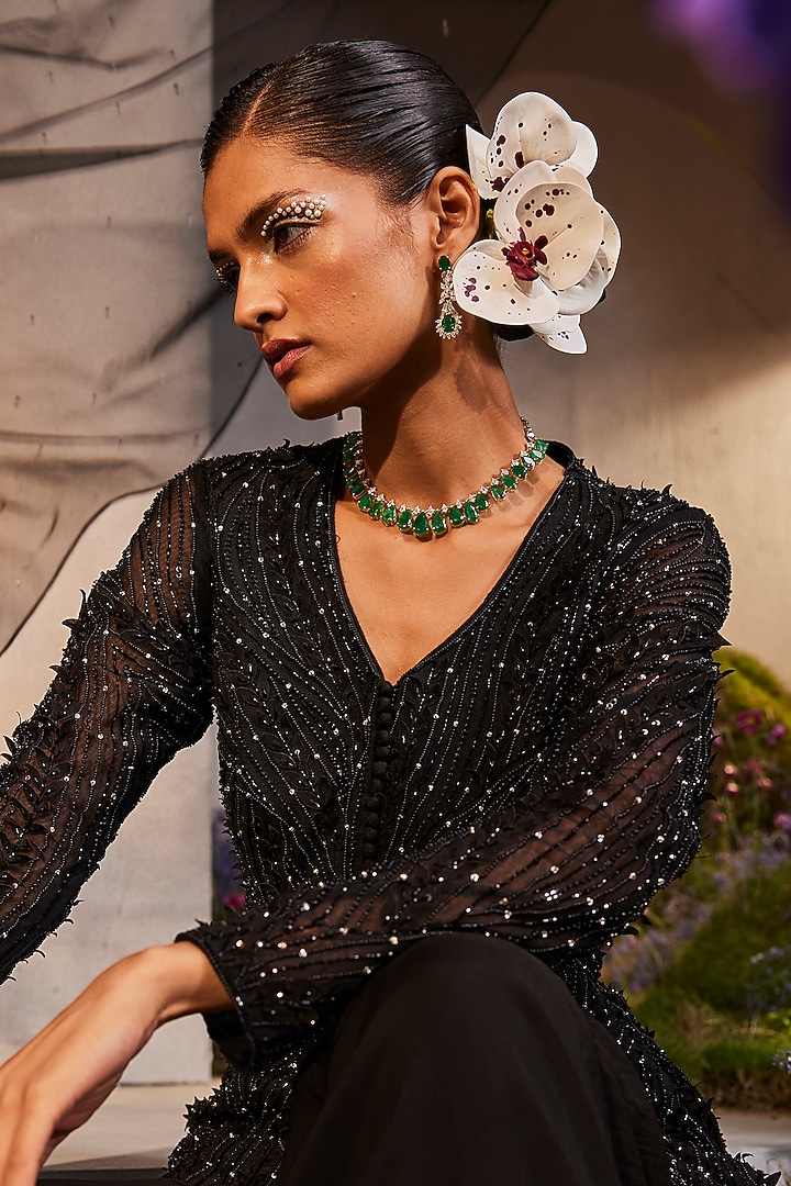 Black Net Embroidered Kurta Set by Charu & Vasundhara at Pernia's Pop Up Shop