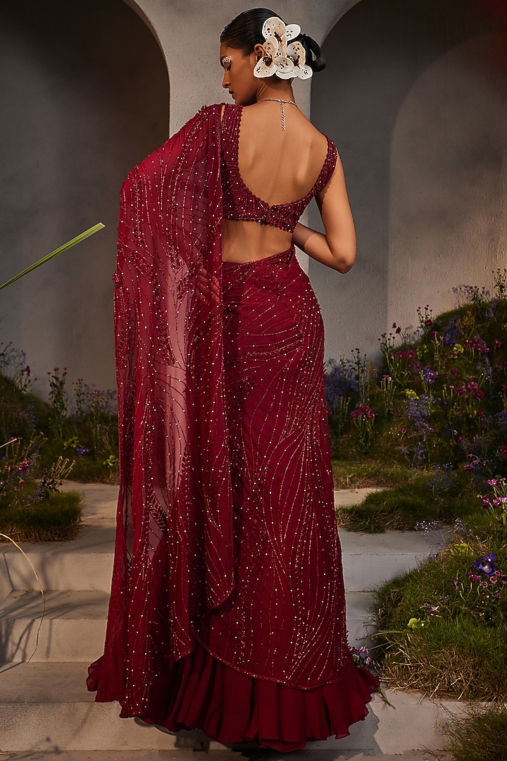 Maroon Organza Hand Embroidered Pre-Draped Wedding Lehenga Saree Set by Charu & Vasundhara at Pernia's Pop Up Shop
