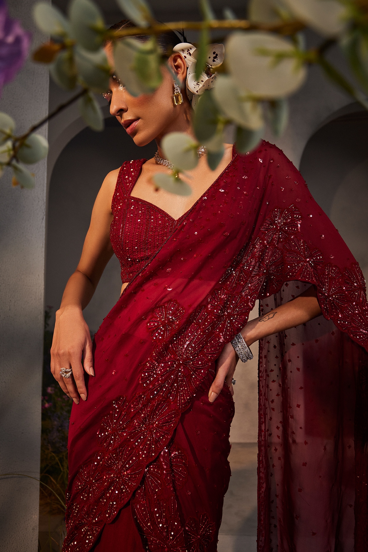 Attractive Maroon Color Georgette With Embroidery Work Saree