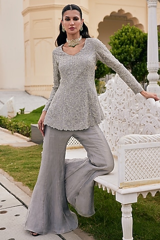 Silver Tissue Sharara Set by Charu & Vasundhara