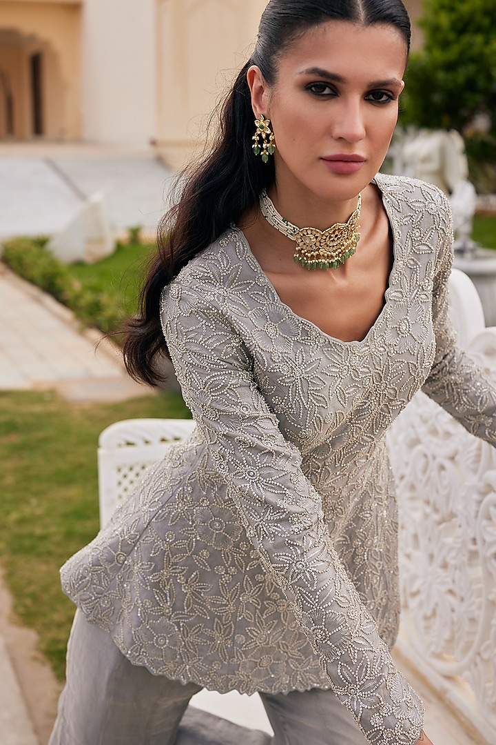 Silver Tissue Wedding Sharara Set by Charu & Vasundhara at Pernia's Pop Up Shop