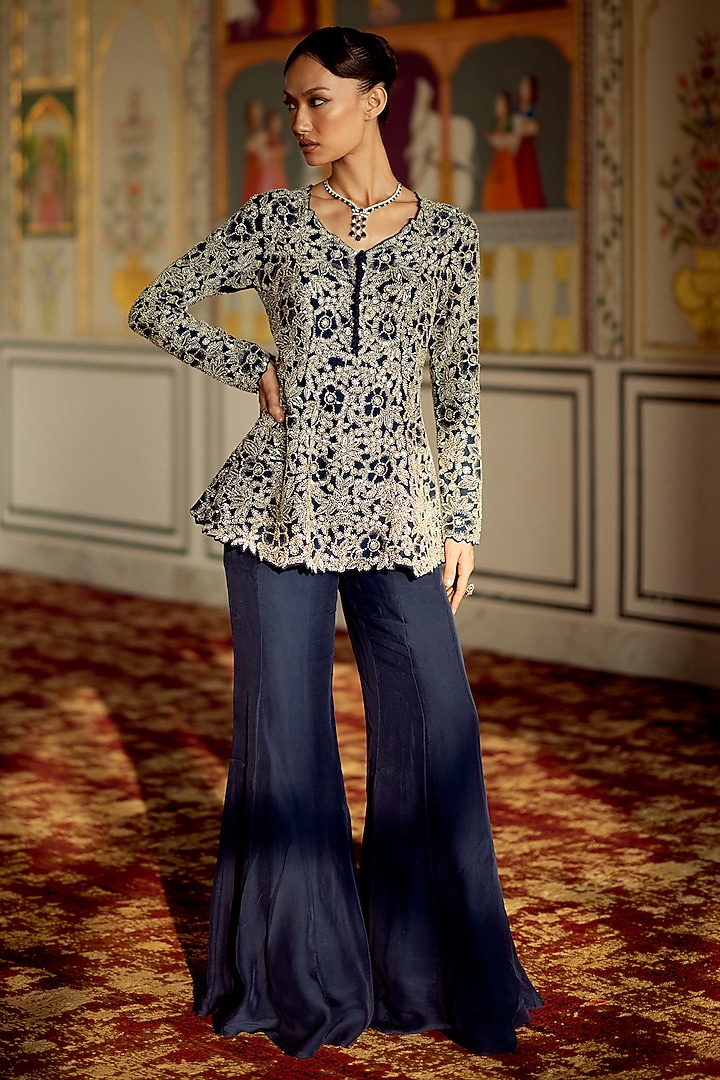 Persian Blue Cupro Silk Wedding Sharara Set by Charu & Vasundhara at Pernia's Pop Up Shop