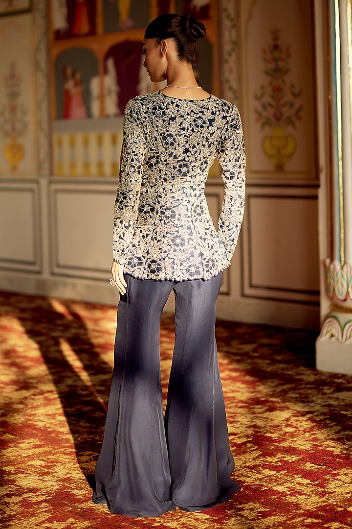 Persian Blue Cupro Silk Wedding Sharara Set by Charu & Vasundhara at Pernia's Pop Up Shop