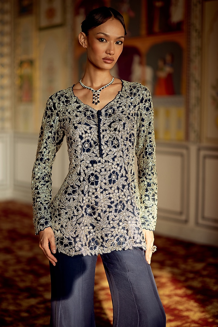 Persian Blue Cupro Silk Wedding Sharara Set by Charu & Vasundhara at Pernia's Pop Up Shop