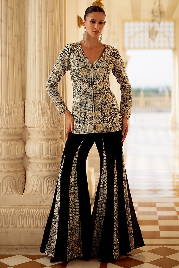 Black Organza Floral Embroidered Jacket Set by Charu & Vasundhara at Pernia's Pop Up Shop