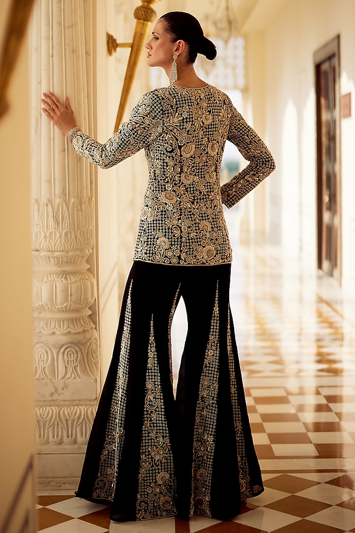 Black Organza Floral Embroidered Jacket Set by Charu & Vasundhara at Pernia's Pop Up Shop