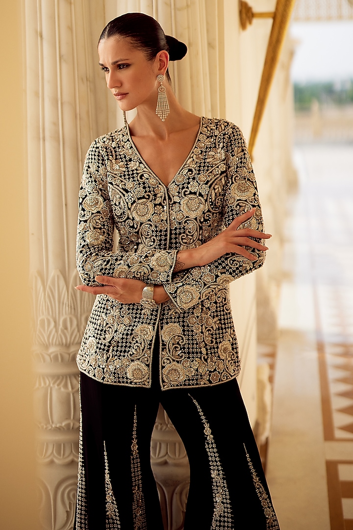 Black Organza Floral Embroidered Jacket Set by Charu & Vasundhara at Pernia's Pop Up Shop