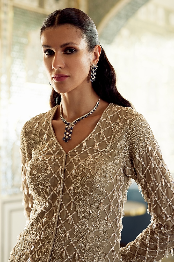 Golden Tissue Wedding Sharara Set by Charu & Vasundhara at Pernia's Pop Up Shop