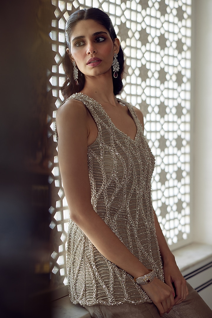Golden Tissue Wedding Sharara Set by Charu & Vasundhara at Pernia's Pop Up Shop