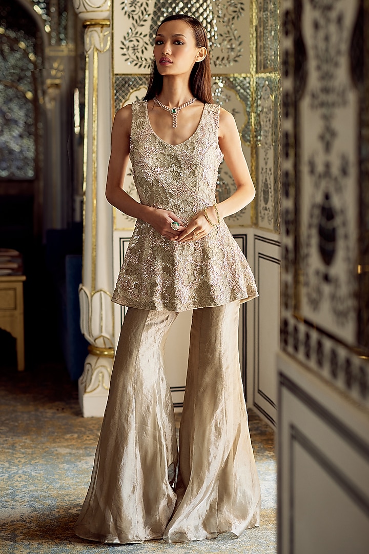 Golden Tissue Wedding Sharara Set by Charu & Vasundhara at Pernia's Pop Up Shop