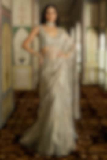 Silver Tissue Wedding Lehenga Saree Set by Charu & Vasundhara at Pernia's Pop Up Shop