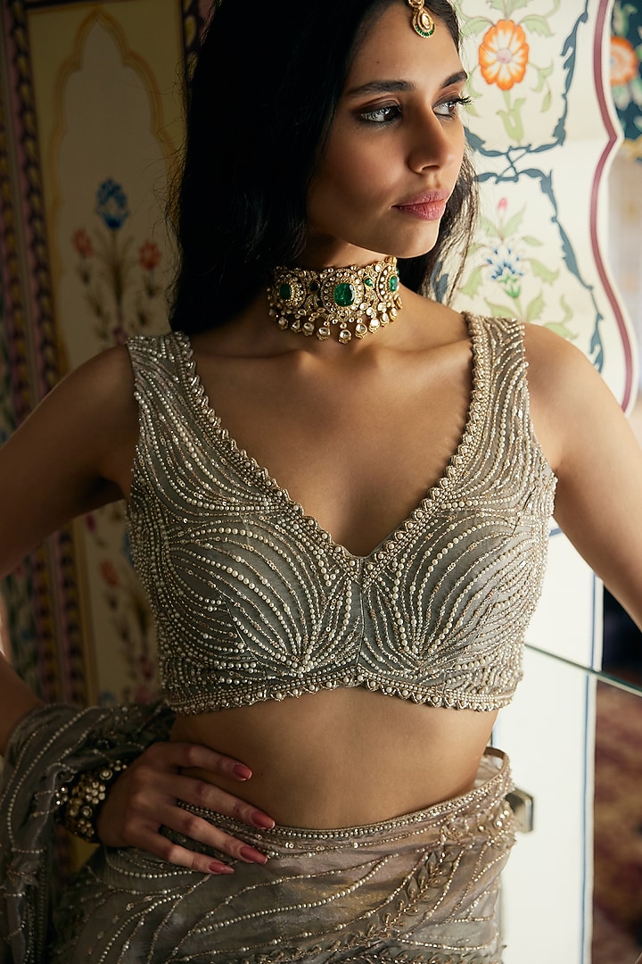 Silver Tissue Wedding Lehenga Saree Set by Charu & Vasundhara at Pernia's Pop Up Shop