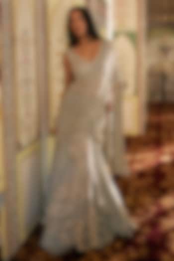 Silver Tissue Floral Embroidered Draped Ruffled Reception Saree Set by Charu & Vasundhara at Pernia's Pop Up Shop