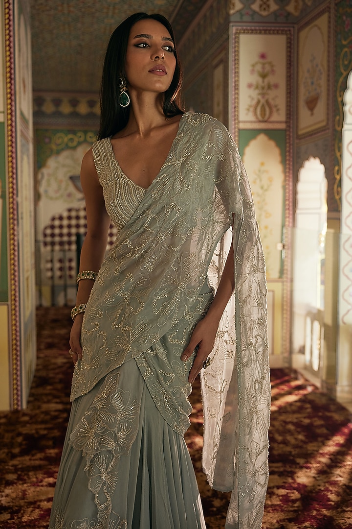 Silver Tissue Floral Embroidered Draped Ruffled Reception Saree Set by Charu & Vasundhara at Pernia's Pop Up Shop
