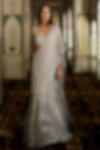 Silver Tissue Embroidered Draped Wedding Saree Set by Charu & Vasundhara at Pernia's Pop Up Shop