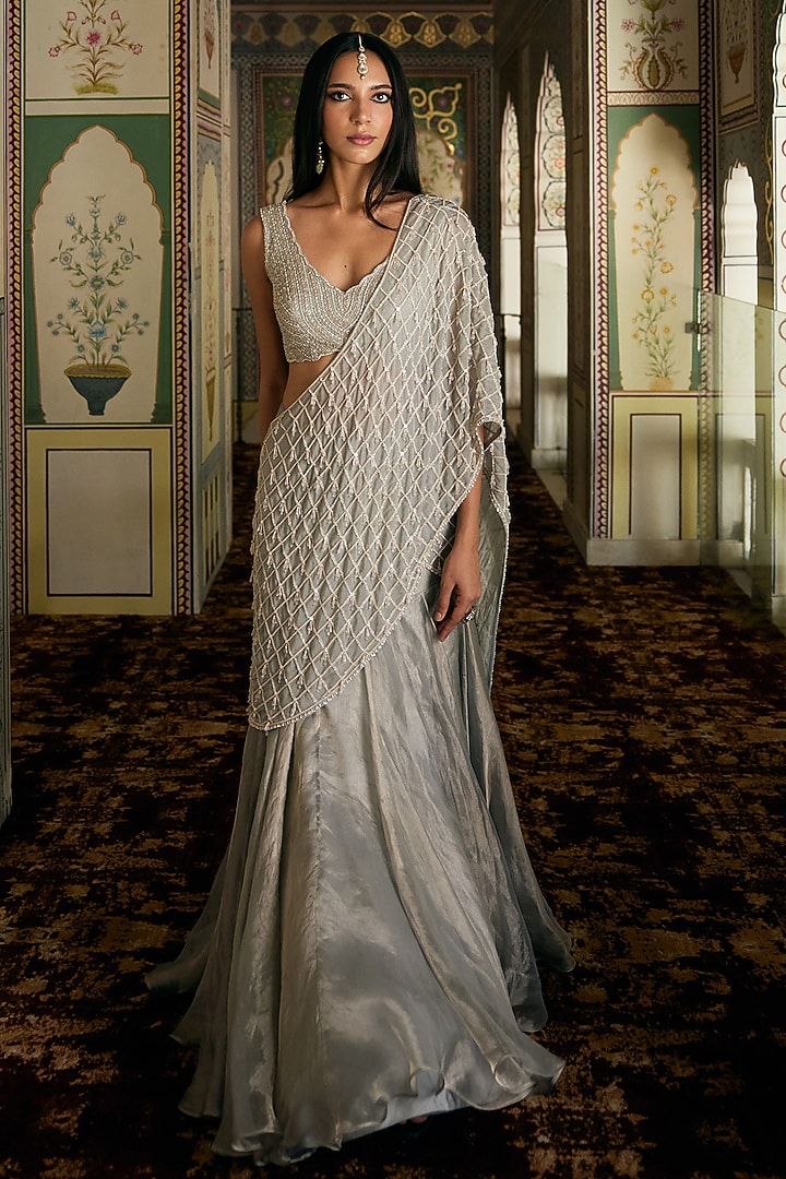 Silver Tissue Embroidered Draped Wedding Saree Set by Charu & Vasundhara at Pernia's Pop Up Shop