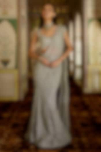 Silver Organza Embroidered Draped Wedding Saree Set by Charu & Vasundhara at Pernia's Pop Up Shop