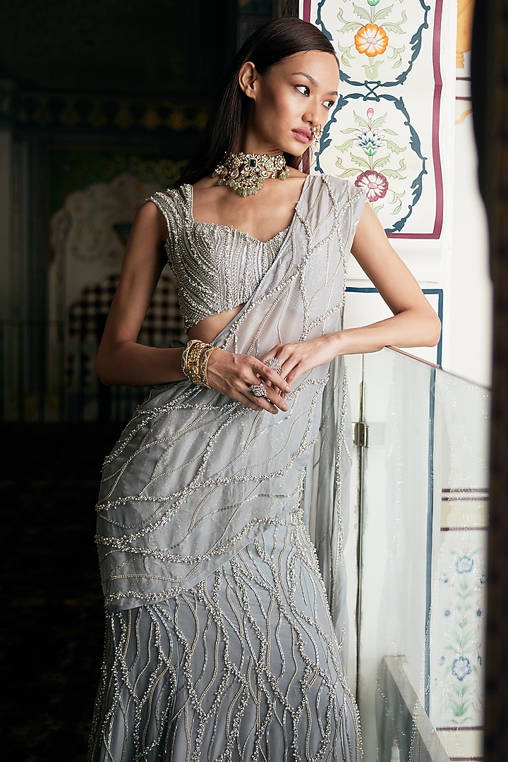 Silver Organza Embroidered Draped Wedding Saree Set by Charu & Vasundhara at Pernia's Pop Up Shop