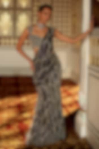 Persian Blue Organza Embroidered Draped Wedding Saree Set by Charu & Vasundhara at Pernia's Pop Up Shop