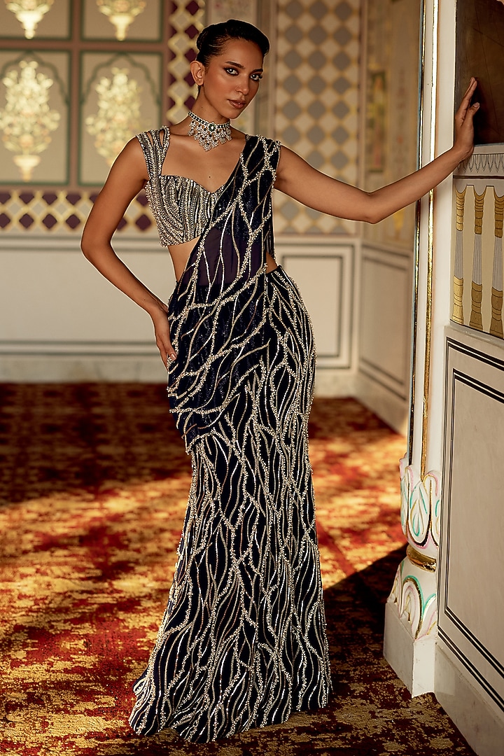 Persian Blue Organza Embroidered Draped Wedding Saree Set by Charu & Vasundhara at Pernia's Pop Up Shop