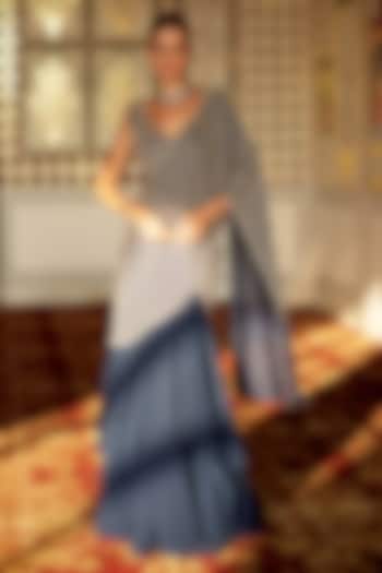 Persian Blue Organza Embroidered Draped Tiered Wedding Saree Set by Charu & Vasundhara at Pernia's Pop Up Shop