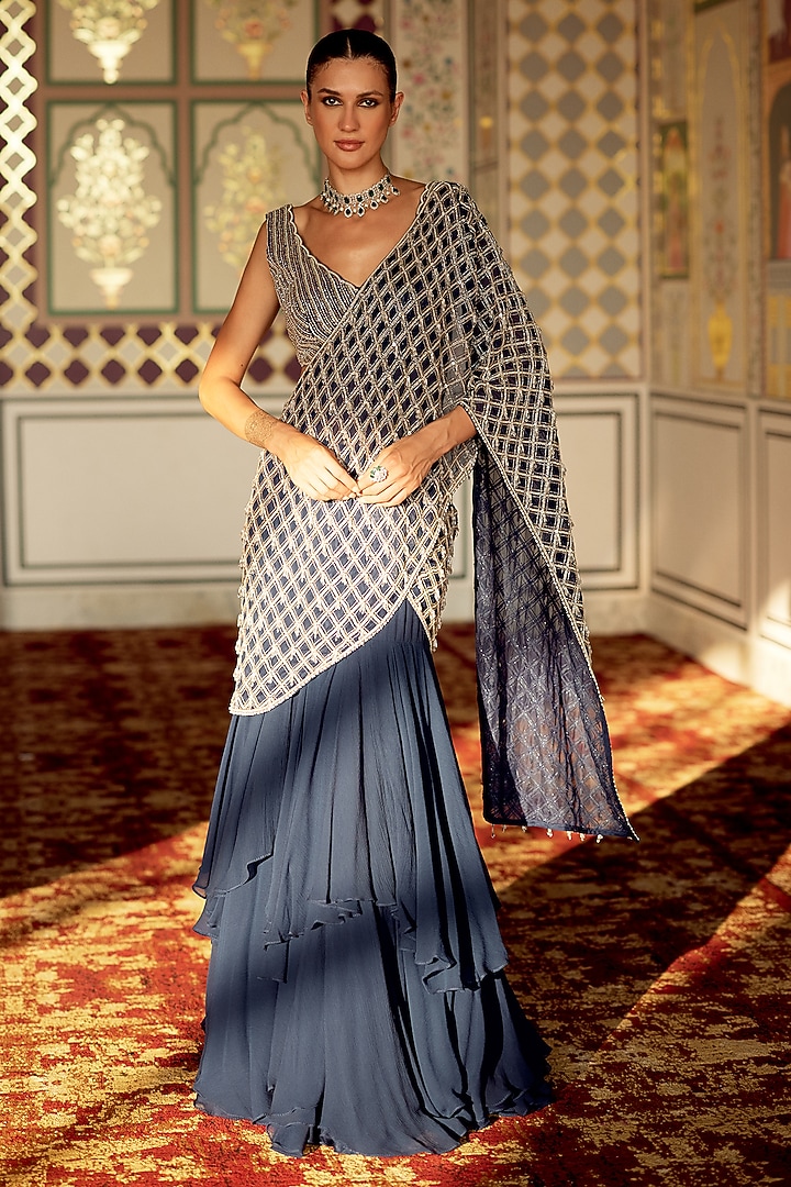 Persian Blue Organza Embroidered Draped Tiered Wedding Saree Set by Charu & Vasundhara at Pernia's Pop Up Shop