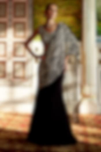 Persian Blue Organza Leaf Embroidered Draped Wedding Saree Set by Charu & Vasundhara at Pernia's Pop Up Shop