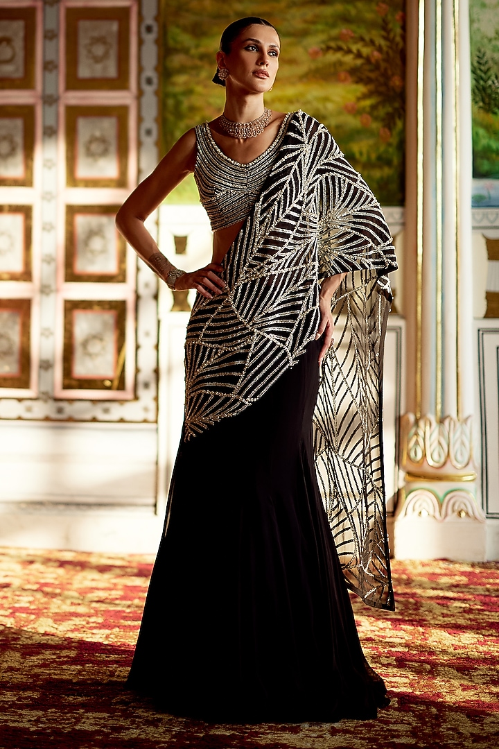 Persian Blue Organza Leaf Embroidered Draped Wedding Saree Set by Charu & Vasundhara at Pernia's Pop Up Shop