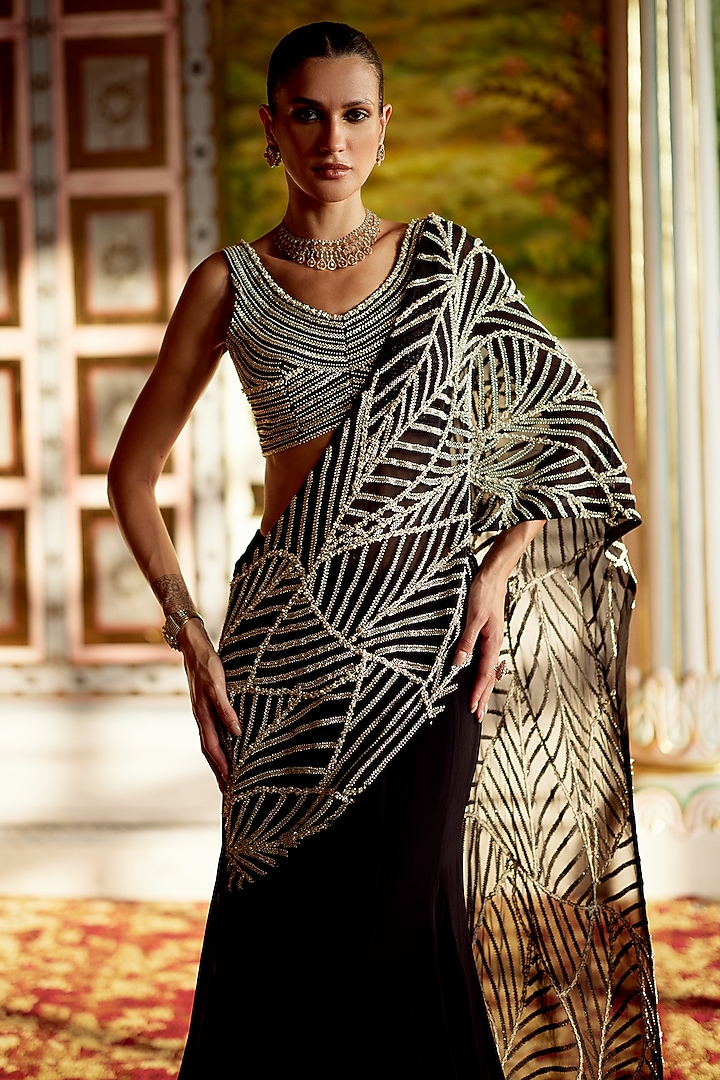 Persian Blue Organza Leaf Embroidered Draped Wedding Saree Set by Charu & Vasundhara at Pernia's Pop Up Shop