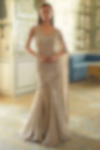 Golden Tissue Floral Embroidered Draped Wedding Saree Set by Charu & Vasundhara at Pernia's Pop Up Shop