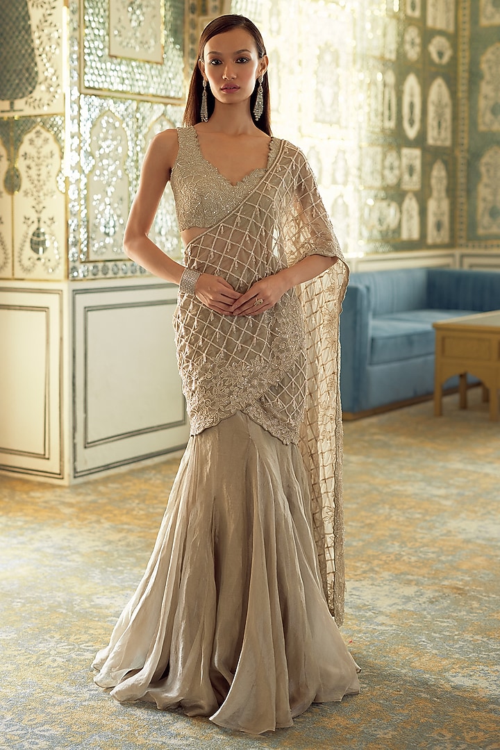 Golden Tissue Floral Embroidered Draped Wedding Saree Set by Charu & Vasundhara at Pernia's Pop Up Shop