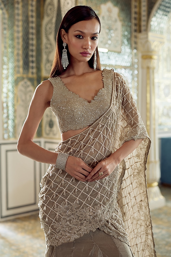 Golden Tissue Floral Embroidered Draped Wedding Saree Set by Charu & Vasundhara at Pernia's Pop Up Shop