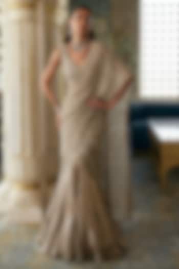 Golden Tissue Floral Embroidered Reception Lehenga Saree Set by Charu & Vasundhara at Pernia's Pop Up Shop