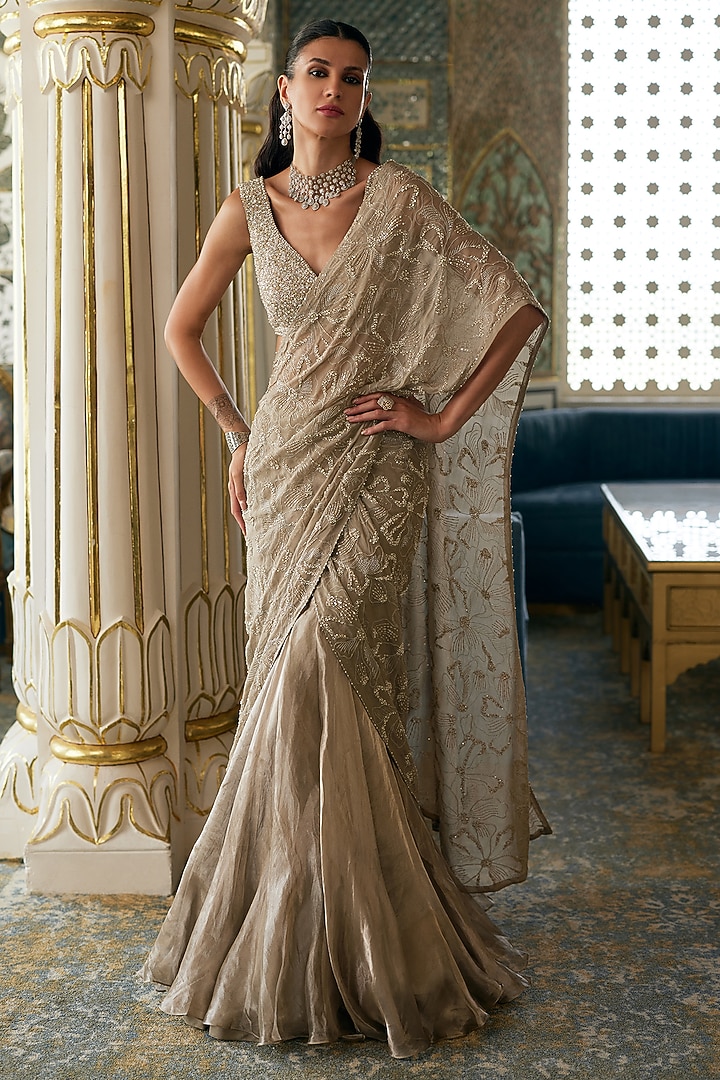 Golden Tissue Floral Embroidered Reception Lehenga Saree Set by Charu & Vasundhara at Pernia's Pop Up Shop