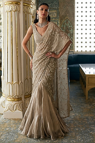 Golden Tissue Floral Embroidered Lehenga Saree Set by Charu & Vasundhara