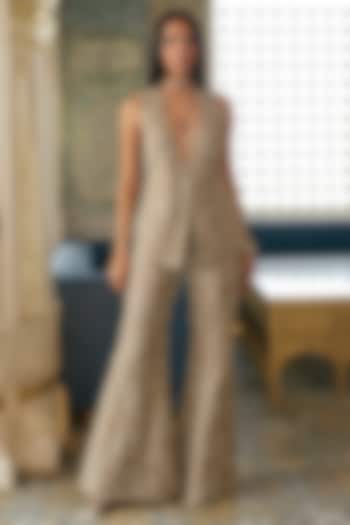 Golden Organza Floral Embroidered Jacket Set by Charu & Vasundhara at Pernia's Pop Up Shop