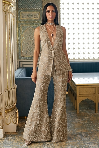 Golden Organza Floral Embroidered Jacket Set by Charu & Vasundhara