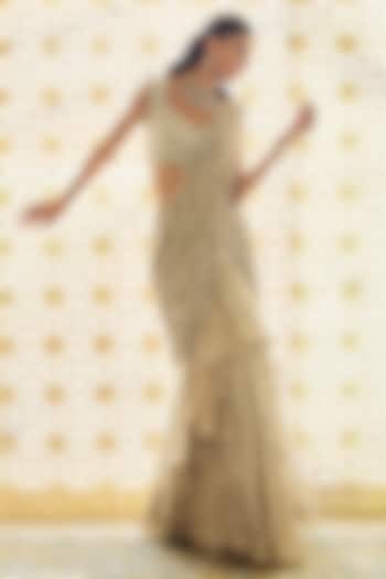 Golden Tissue Wave Embroidered Draped Wedding Saree Set by Charu & Vasundhara at Pernia's Pop Up Shop