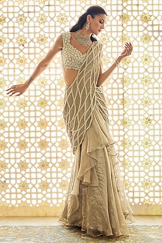 Golden Tissue Wave Embroidered Draped Saree Set by Charu & Vasundhara