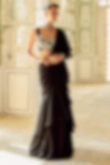 Black Chiffon Ruffled Party Wear Saree Set by Charu & Vasundhara at Pernia's Pop Up Shop