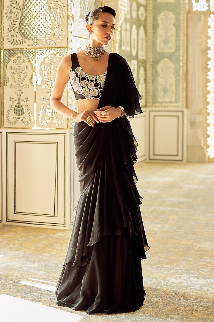 Black Chiffon Ruffled Party Wear Saree Set by Charu & Vasundhara at Pernia's Pop Up Shop