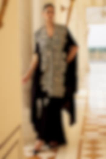 Black Cupro Silk Floral Embroidered Cape Set by Charu & Vasundhara at Pernia's Pop Up Shop