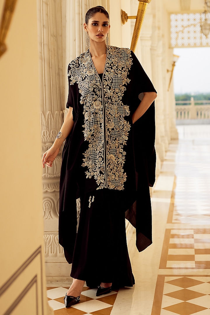 Black Cupro Silk Floral Embroidered Cape Set by Charu & Vasundhara at Pernia's Pop Up Shop