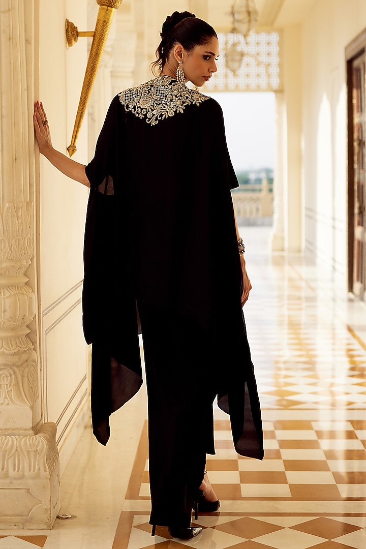 Black Cupro Silk Floral Embroidered Cape Set by Charu & Vasundhara at Pernia's Pop Up Shop