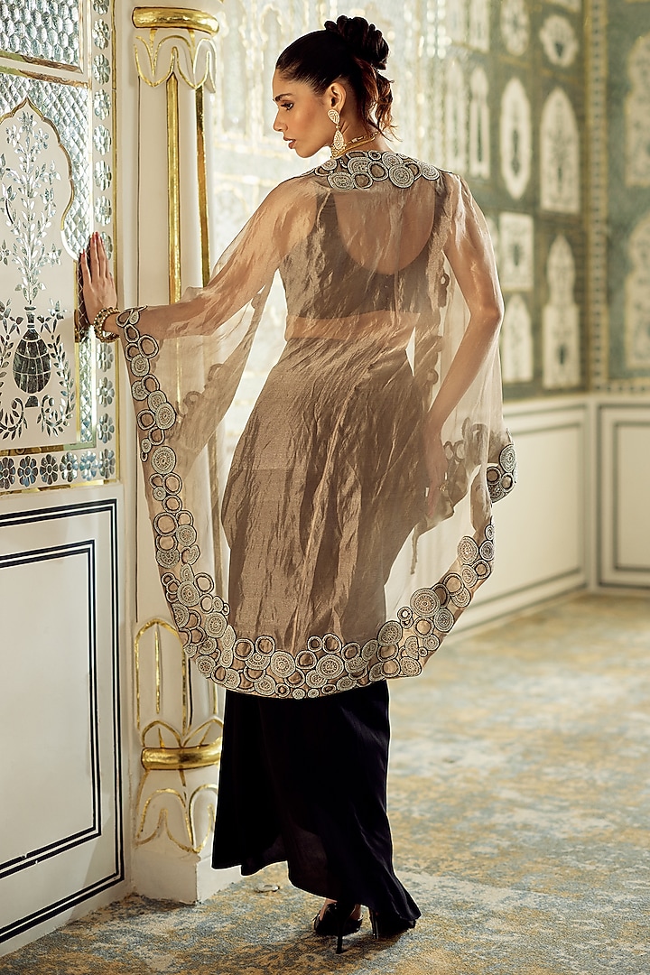 Golden Tissue Embroidered Cape Set by Charu & Vasundhara at Pernia's Pop Up Shop