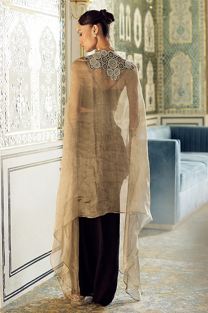 Golden Tissue Embroidered Cape Set by Charu & Vasundhara at Pernia's Pop Up Shop