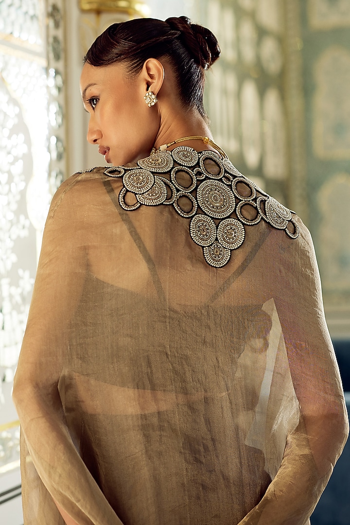 Golden Tissue Embroidered Cape Set by Charu & Vasundhara at Pernia's Pop Up Shop